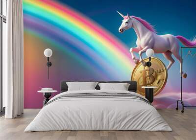 Unicorn of Crypto Pink Bitcoin balancing on a rainbow Wall mural