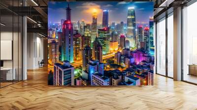 Vibrant cityscape of Asian metropolis at night, showing colorful lights, bustling streets, and skyscrapers, urban, nightlife Wall mural