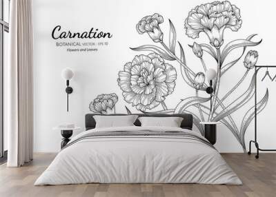 Carnation flower and leaf hand drawn botanical illustration with line art on white backgrounds. Wall mural