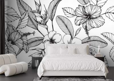 Hawaiian pattern seamless background with flower and leaf  drawing illustration.  Wall mural