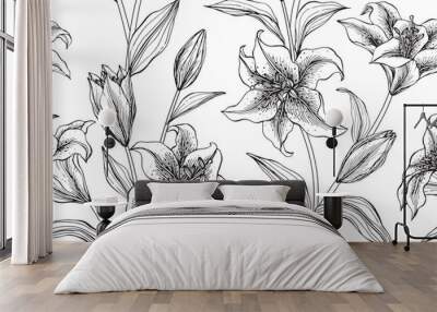 Lily flower and leaves pattern seamless background illustration. Wall mural