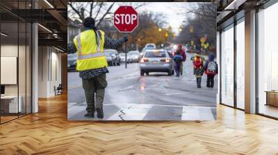 Careful Crossing Guard Holding Stop Sign Helping Children Safely Cross the Street Wall mural