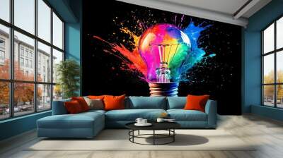 Creative light bulb explosion with vibrant paint splashes on black background symbolizing innovation and the concept of thinking differently, unique ideas, and imagination Wall mural