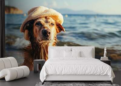 Cute Dog Wearing a Bathing Cap Sitting on the Seashore During a Beach Vacation. Summer Travel and Relaxation Concept Wall mural