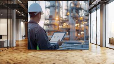 Engineer Using Tablet Computer in Front of Hydrogen Factory, Overseeing Renewable Energy Production and Industrial Technology Wall mural