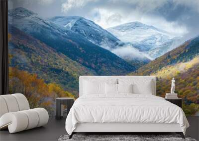 Majestic autumn snow-capped mountains in the White Mountains National Forest, New Hampshire, featuring vibrant fall foliage and serene landscapes, perfect for nature lovers and outdoor enthusiasts Wall mural