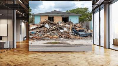 The devastating impact of a hurricane is illustrated by the wreckage of a destroyed house, showcasing the raw power of nature, the aftermath of this catastrophic event on the landscape and community Wall mural