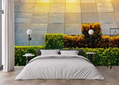 Artificial decoration of the outer wall of the building from green live bushes. Wall mural