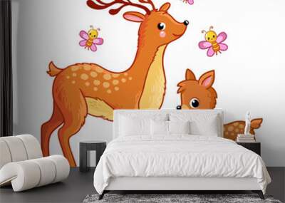 A cute deer with a cub stands on a green meadow on a white background. Vector illustration with forest animals Wall mural