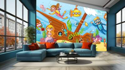 Children swim with scuba diving in the wreck Wall mural