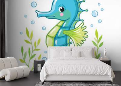 Cute cartoon Sea horse isolated. Seahorse and algae on a white background, vector illustration. Wall mural