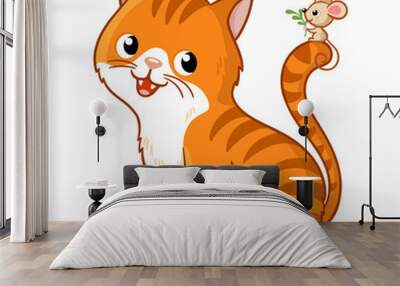 Cute cat with a cute little mouse on its tail. Wall mural