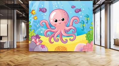 Cute octopus in the sea among fish and algae. Vector illustration with sea animal. Wall mural