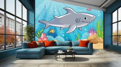 Cute shark in the sea among fish and algae. Vector illustration with dangerous fish. Wall mural