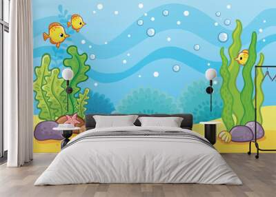 Vector illustration with marine fish and algae on a marine theme. Underwater world. Wall mural