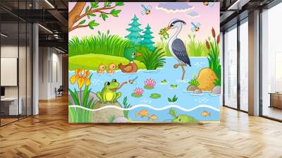 Vector set with nature and animals in the children's cartoon style. Lovely crawfish and fish on water. Wall mural