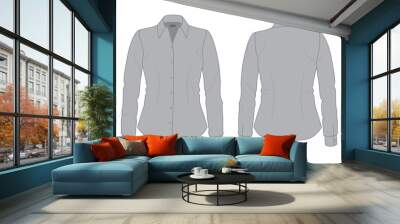 Women's gray dress shirt with long sleeves template, front and back view Wall mural