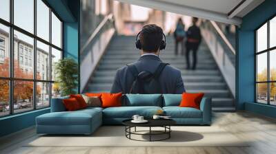 Rear view of young man wearing headphones walking in stairs at train station Wall mural