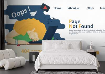 Banner oops 404 error page not found man woman fell asleep in front of laptop for websites and mobile apps Flat vector Illustration Wall mural