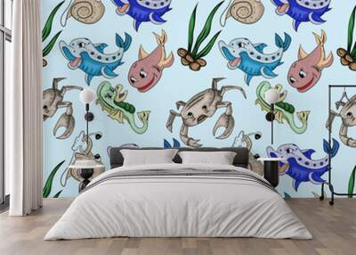 Seamless background underwater life child drawing 2 Wall mural