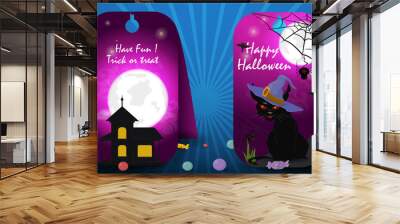 two banners stickers for decoration design on the theme of the holiday all saints eve Halloween Ghost house black cat witches in a hat flat vector illustration Wall mural