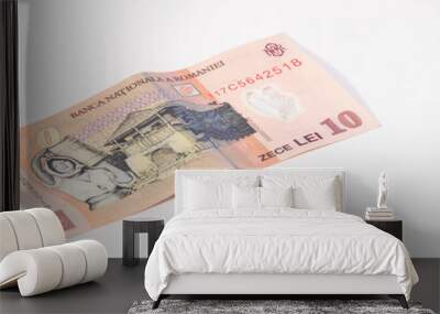 One banknote worth  10 Romanian Lei isolated on a white background Wall mural