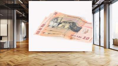 Three banknotes worth  10 Romanian Lei isolated on a white background Wall mural