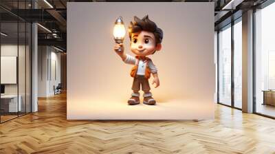 3D cartoon character with a lamp light in the hand looking for the way home Generative AI Illustration Wall mural