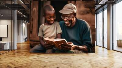 A happy father reading the Bible book to his son in the nature Generative AI Illustration Wall mural