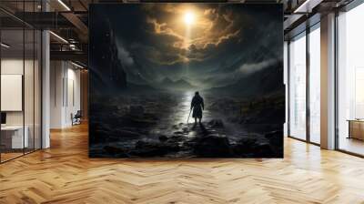 A man walking through a dark valley toward the heavenly light trusting in God Generative AI Illustration Wall mural