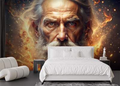 A prophet of God with white beard in a fire and flames effects background illustration Wall mural