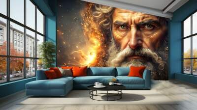 A prophet of God with white beard in a fire and flames effects environment background illustration Wall mural