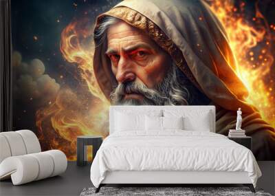 A prophet of God with white beard on a fire and flames effects background illustration Wall mural