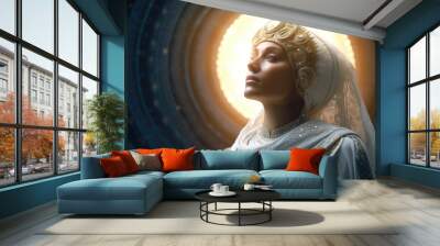 A pure woman dressed in white with the sun behind her head Bible Revelation Generative AI Illustration Wall mural