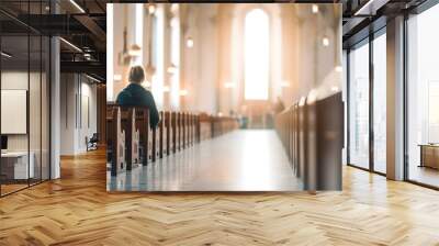 A religious woman sitting in the church in a moment of communion with God with a blurred background Generative AI Illustration Wall mural