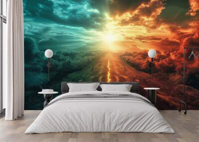 A road with two different colored skies on either side blue and red good and evil Wall mural