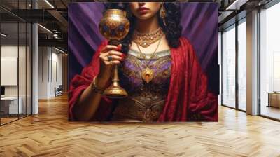 A woman dressed in purple and scarlet holding a golden cup Bible Revelation Generative AI Illustration Wall mural