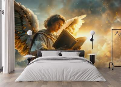 An angel of God dressed in white reading the sacred scriptures the record book of heaven Wall mural