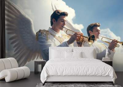 Angels Playing a Trumpet in the Clouds of Heaven Announcing the Gospel of Salvation to the World Generative AI Illustration Wall mural