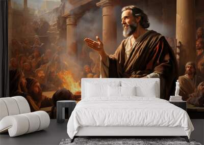 Apostle Paul preaching the Word of God in the synagogue to the christian people Generative AI Illustration Wall mural