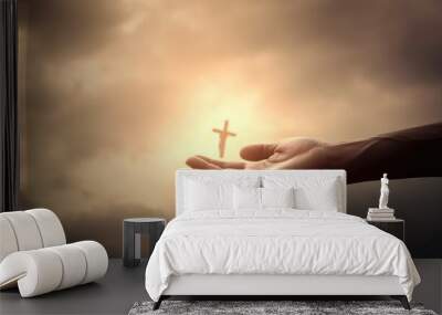 Background of a hand under the cross of Jesus Christ pointing to salvation Generative AI Illustration Wall mural