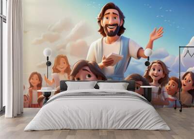 Childrens illustration cartoon of Jesus Christ with many children around Him Generative AI Wall mural