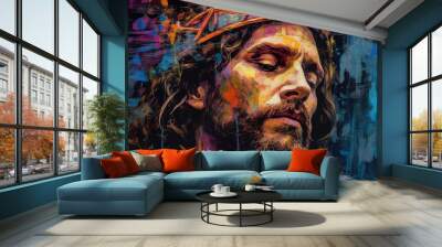 Colorful oil painting of the expression of the face of Jesus Christ our Savior Generative AI Illustration Wall mural