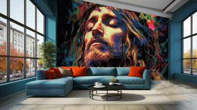 Colorful oil painting of the expression of the face of Jesus Christ our Savior Generative AI Illustration Wall mural