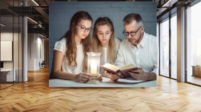 Family gathered to study the Bible book father and daughters Generative AI Illustration Wall mural