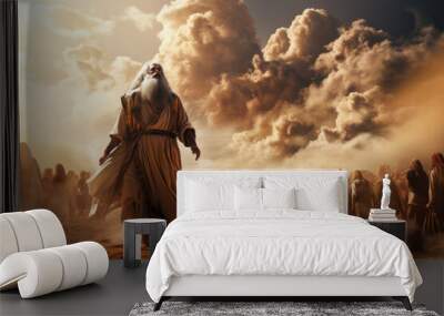 Illustration of Moses leading the people of Israel in the desert on the way to Canaan Generative AI Wall mural