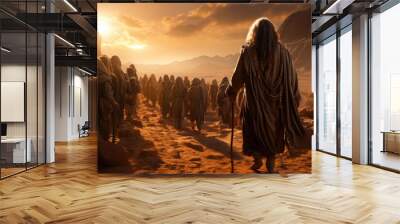 Illustration of Moses leading the people of Israel in the desert on the way to Canaan Generative AI Wall mural