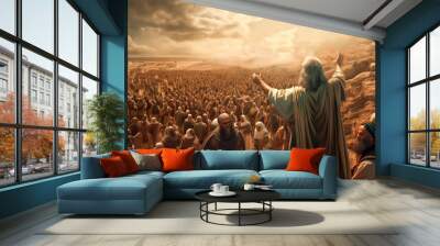 Illustration of Moses with the people of Israel in the desert near Mount Sinai Generative AI Wall mural