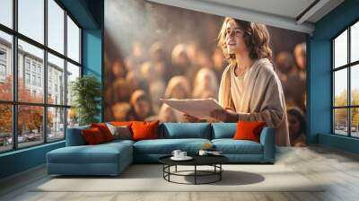 Jesus Christ at a young age preaching and teaching in the synagogue to the kids of Israel Generative AI Illustration Wall mural