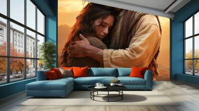 Jesus Christ giving a fraternal hug to a young woman giving the hope for the eternal life Generative AI Illustration Wall mural